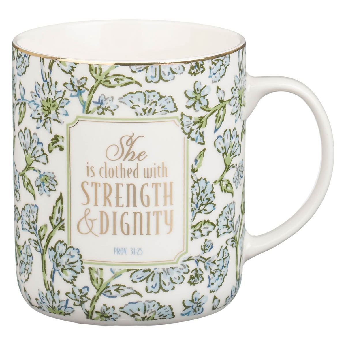 Strength and Dignity Blue Cottage Garden Ceramic Coffee Mug – Proverbs 31:25