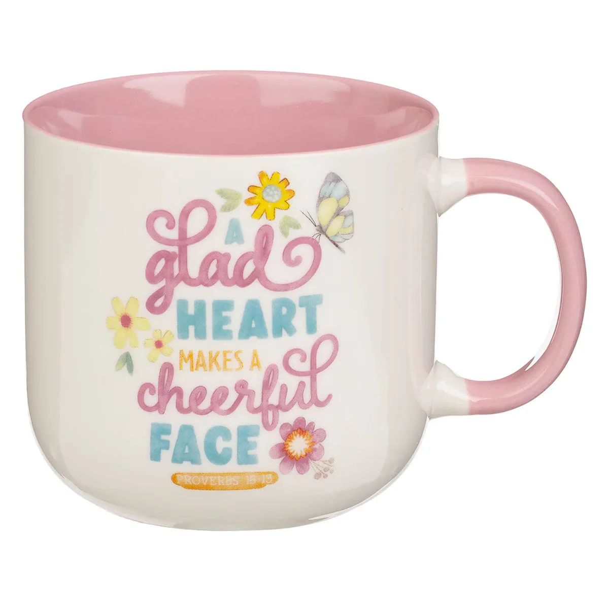 A Glad Heart Makes a Cheerful Face Pink Ceramic Mug – Proverbs 15:13