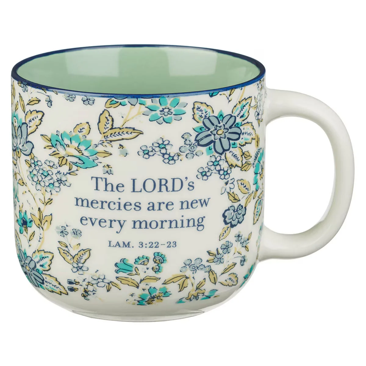 Morning Mercies Blue and Green Floral Ceramic Coffee Mug – Lamentations 2:22-23